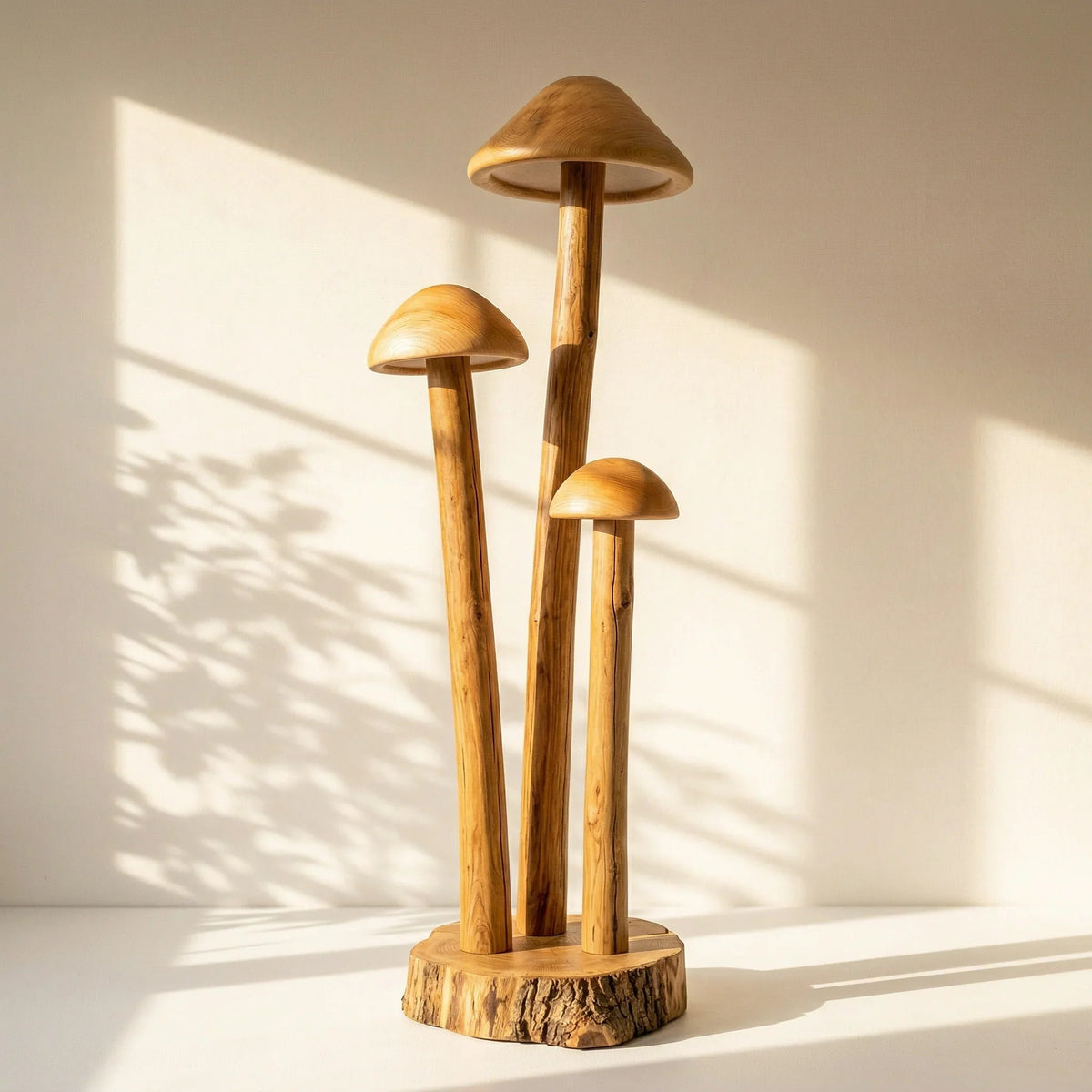 Triple mushroom cluster floor lamp with solid wood hollow dome shades in natural light