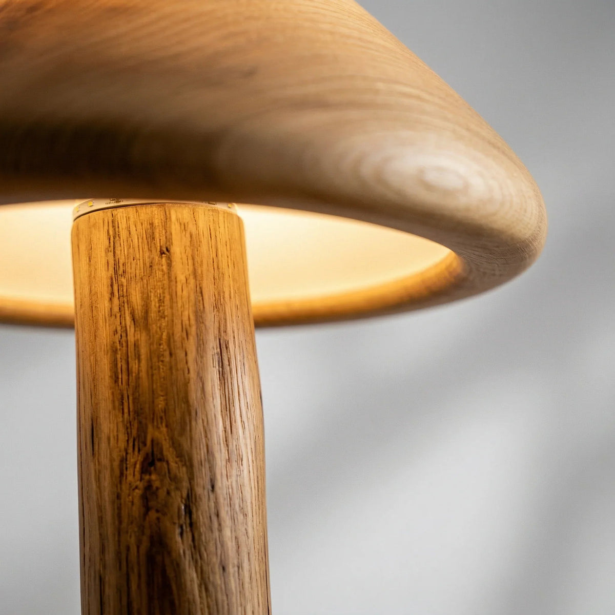 Close-up of wooden floor lamp with dome-shaped shade and warm downlight