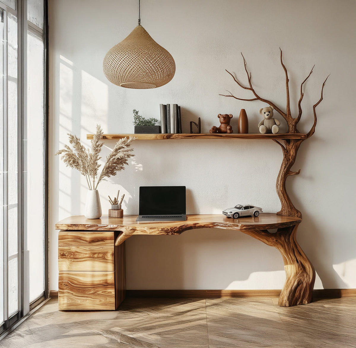 Massief houten boomrand hoekbureau met artistieke boompoot