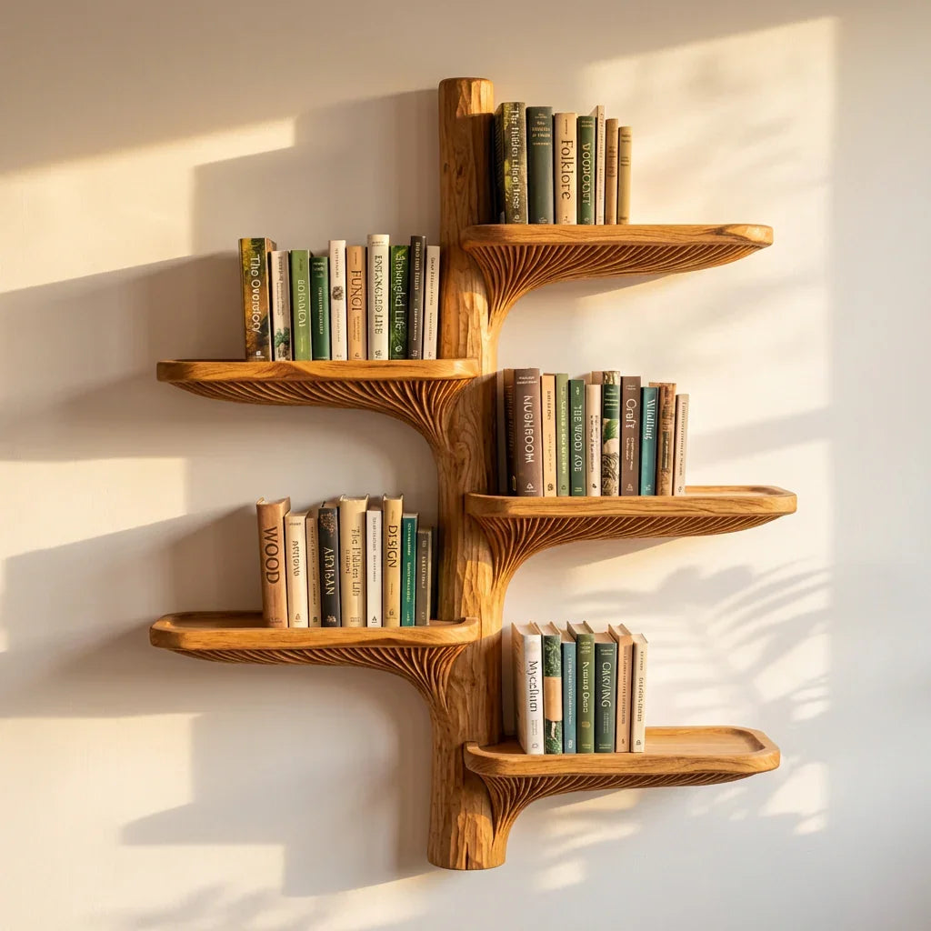 Zwevende houten paddenstoel wandplanken gevuld met boeken in middagzon