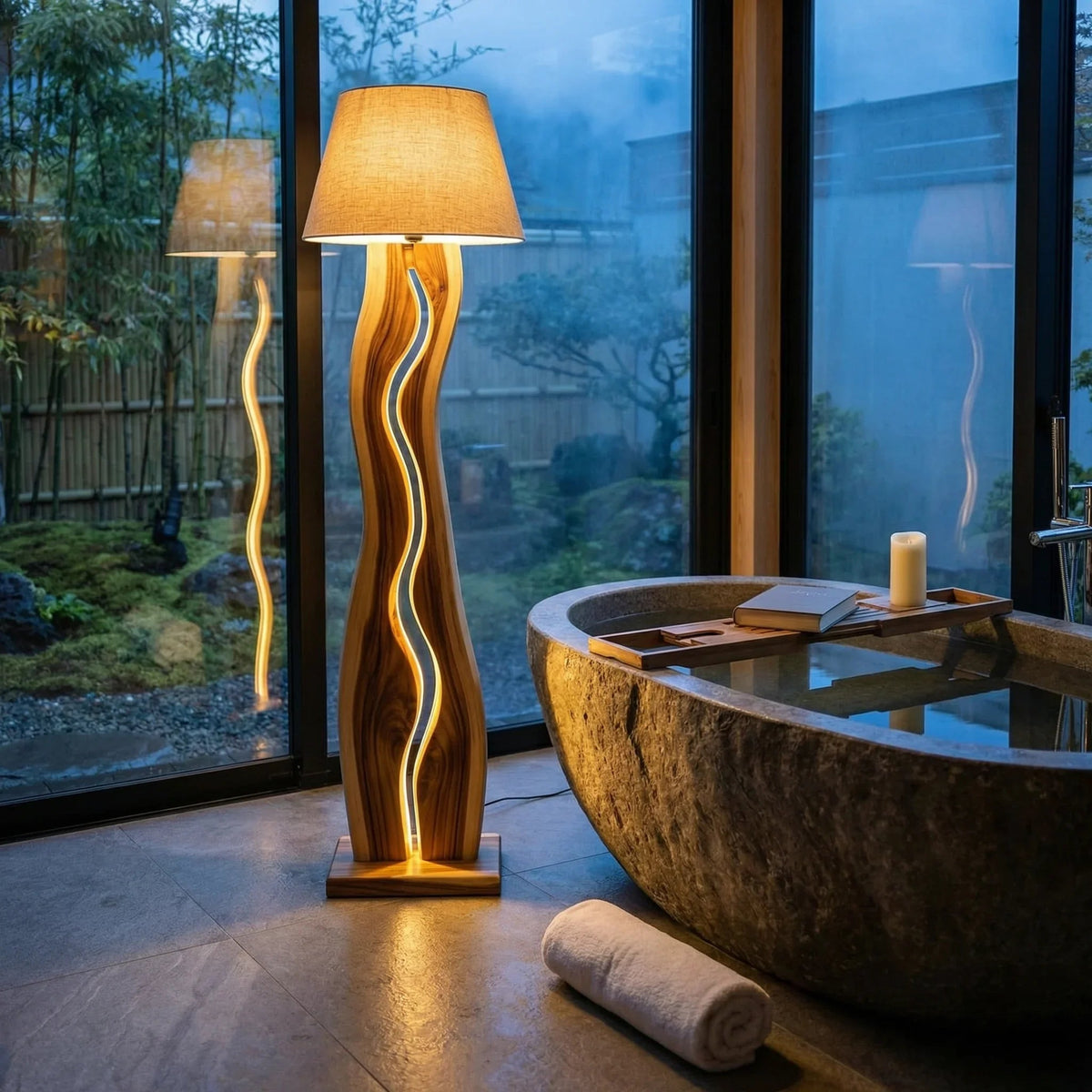 Modern wood floor lamp with LED strip beside stone bathtub in serene bathroom