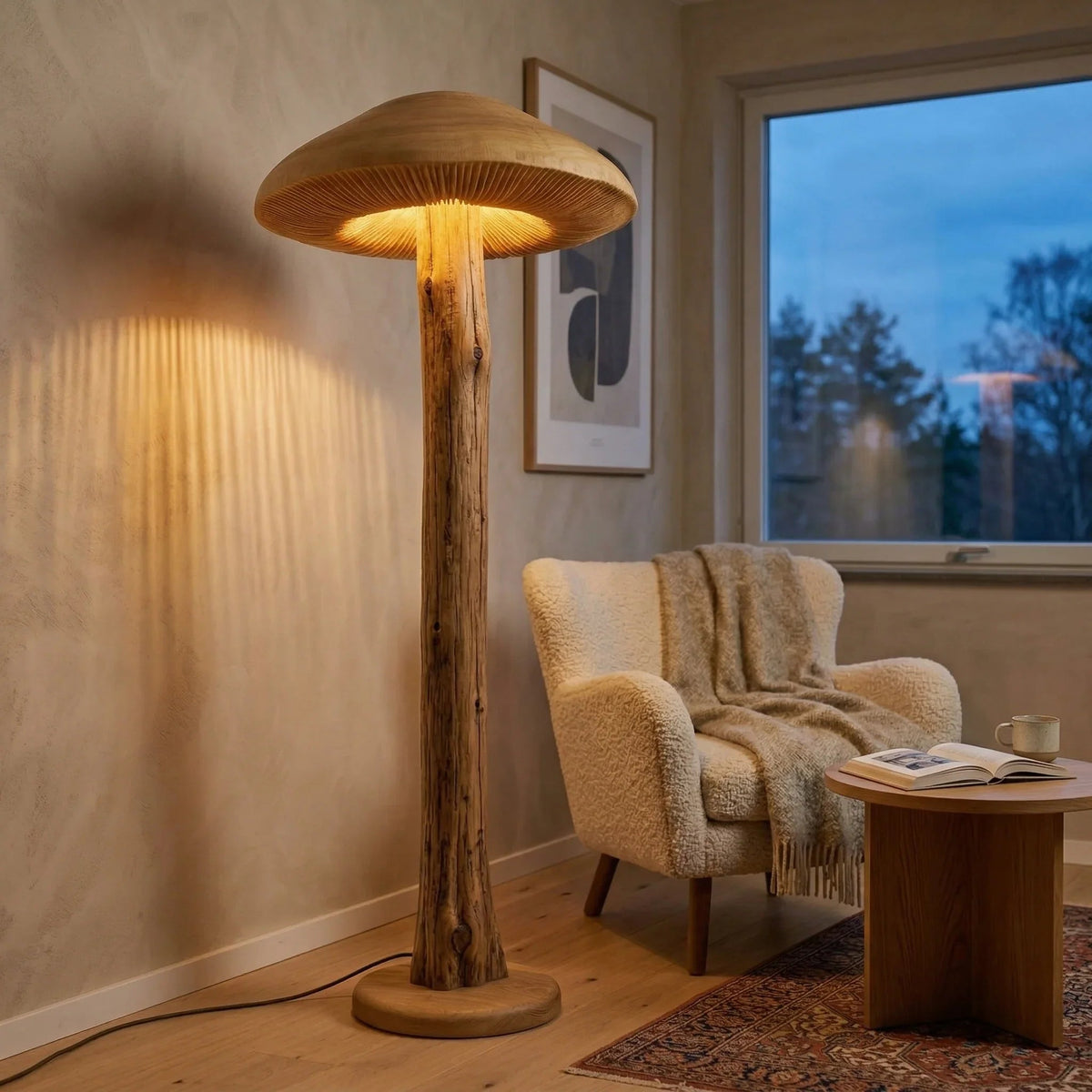 Brede paddenstoelvormige vloerlamp met gesneden houten stam in zithoek