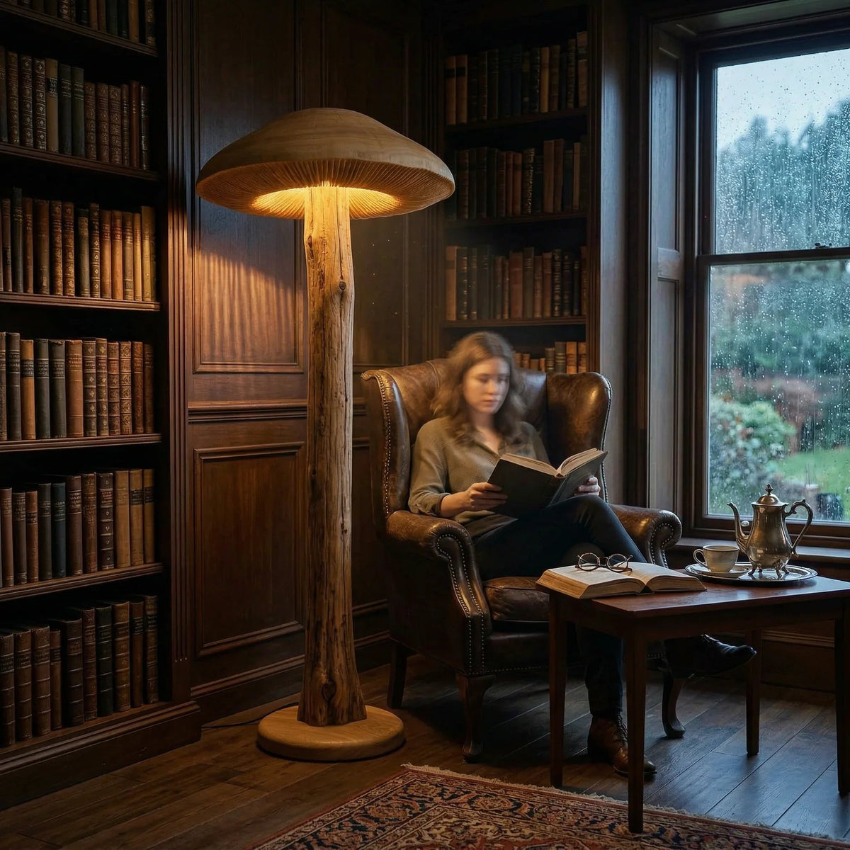Wide parasol mushroom floor lamp with hand-carved wood in cozy library reading nook