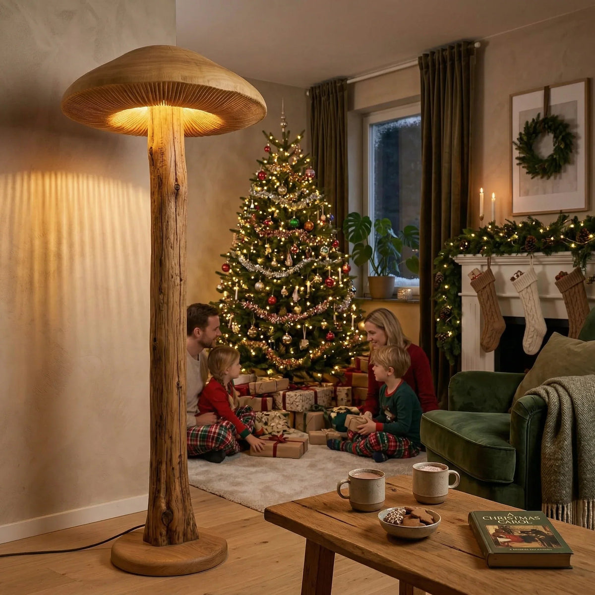 Wide parasol mushroom floor lamp with carved wood stem in cozy Christmas living room