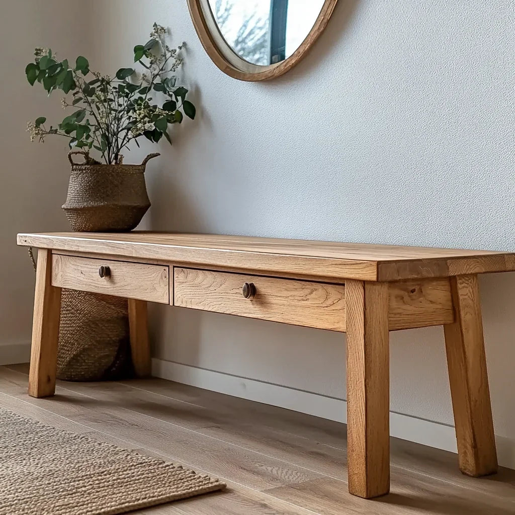 Mid-century moderne massief houten zitbank voor hal en woonkamer