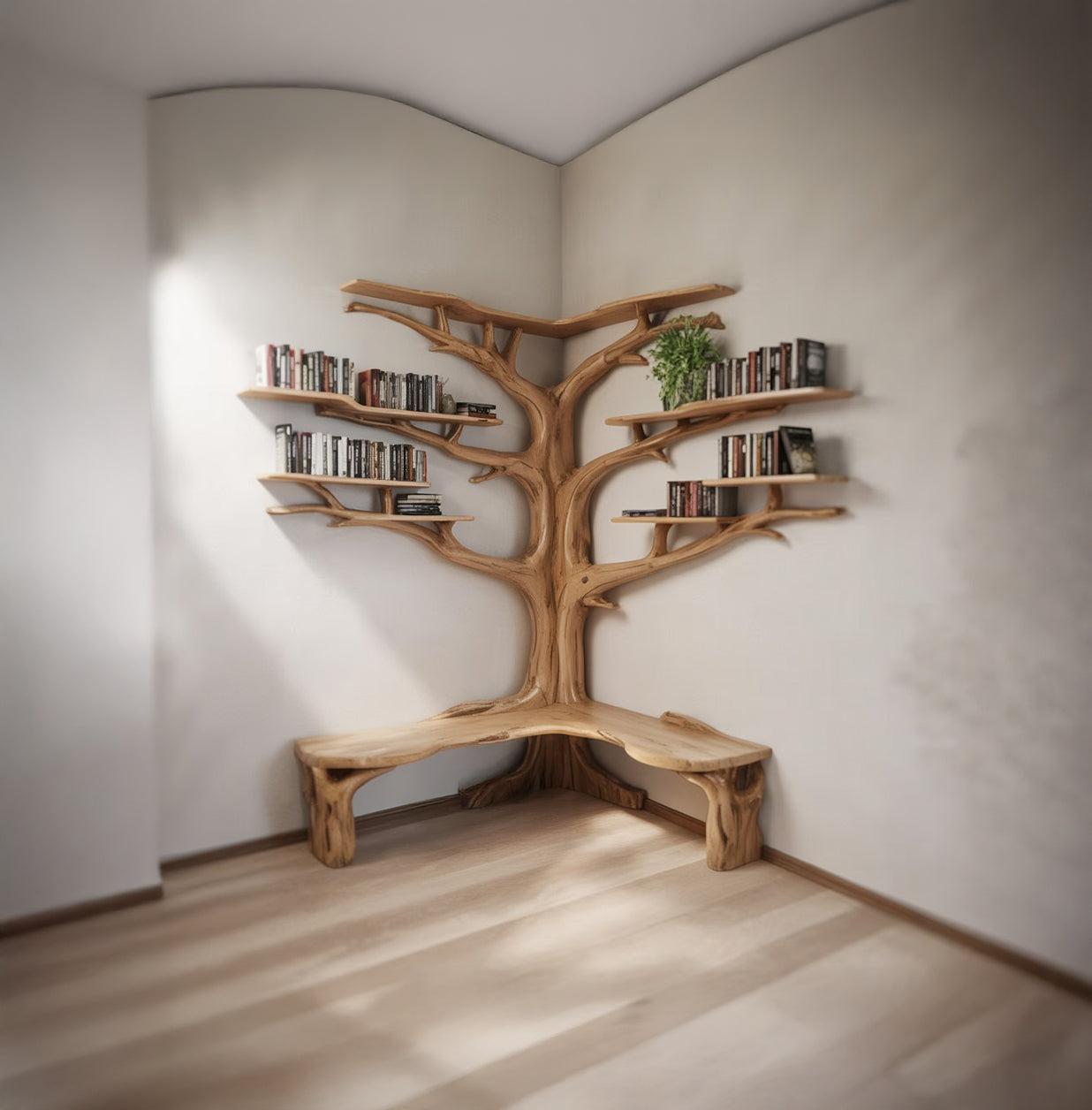 Houten Boom Plankbank – Artistieke Takken Boekenkast met Zitplaats