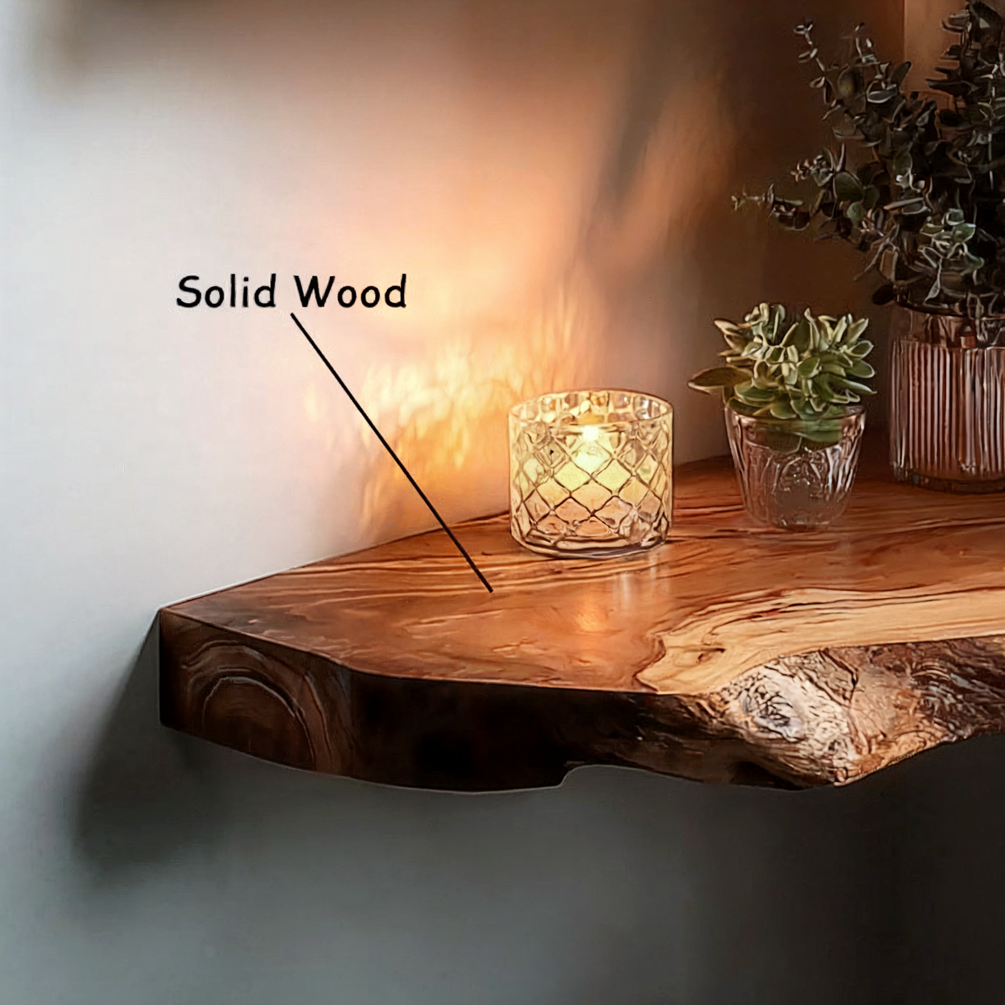Rustic Corner Wall Shelves – Natural Live Edge Wood Floating Shelf for Candles and Plants