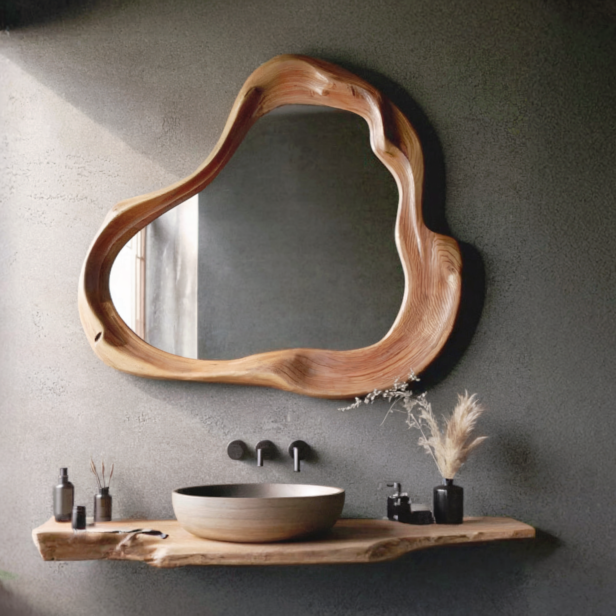 Handmade Asymmetrical Wooden Wall Mirror – Rustic Irregular Farmhouse Mid-Century Modern Bathroom Mirror