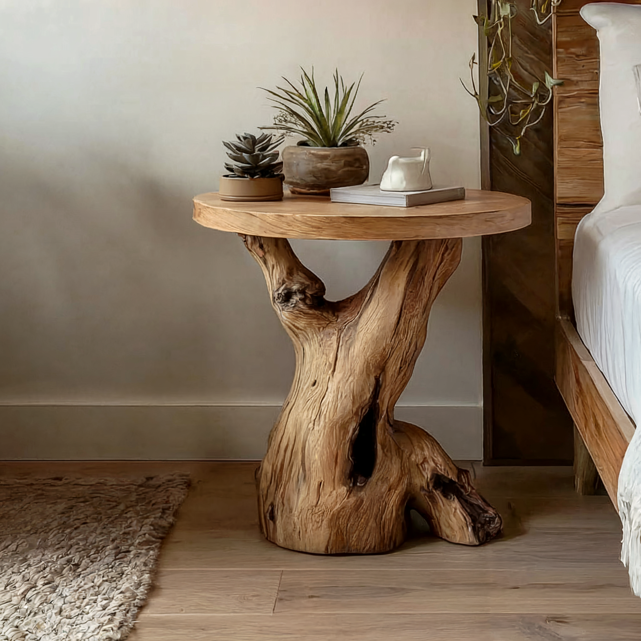 Handcrafted Round End Table – Solid Wood Live Edge Rustic Accent for Living Room or Bedroom