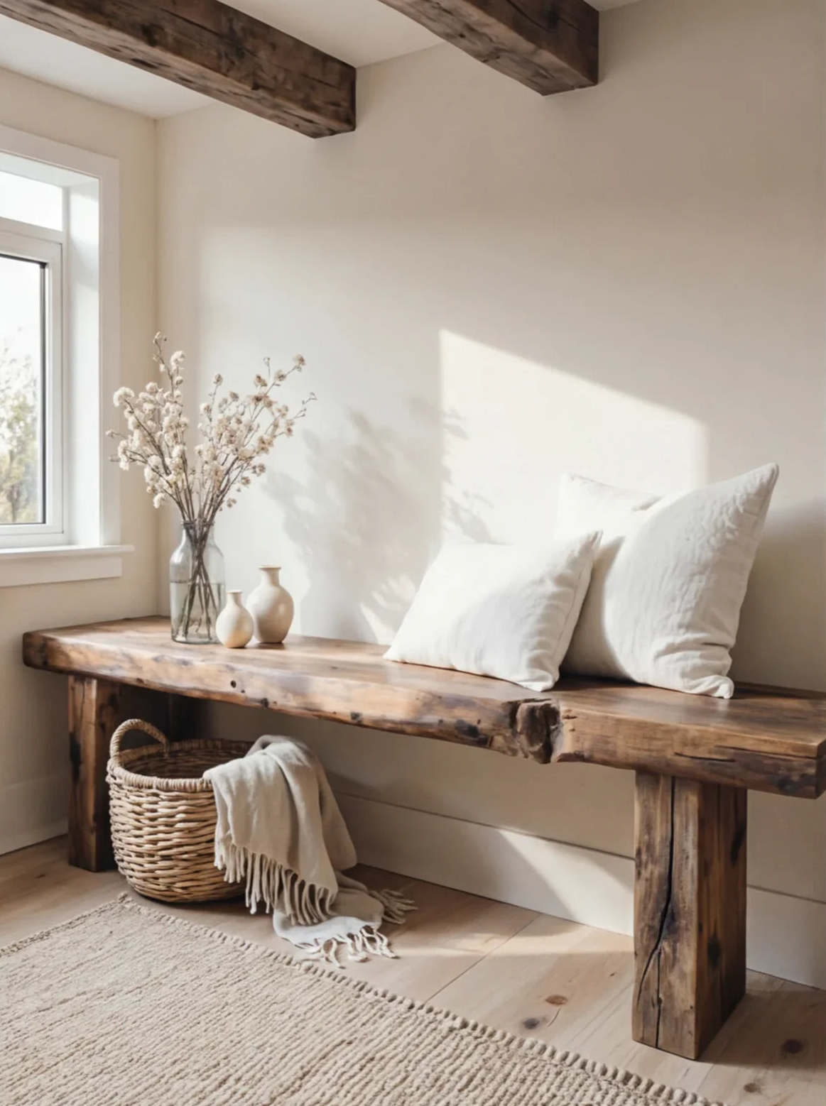 Massief houten boomrand sidetable met sierkussens, vazen en geweven mand in lichte kamer