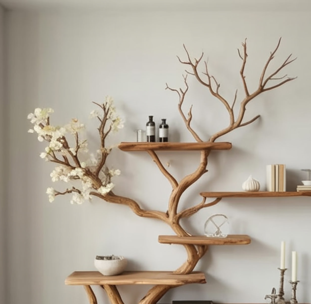 Handgemaakte Boomtak Boekenkast – Natuurlijke Houten Zwevende Wandplanken