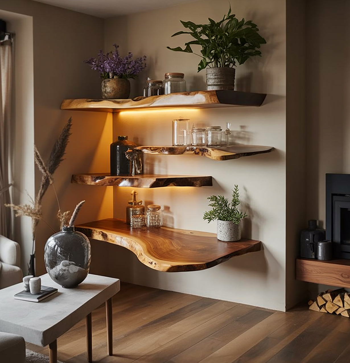 Live Edge Zwevende Walnoot Wandplanken – Massief Hout Decor