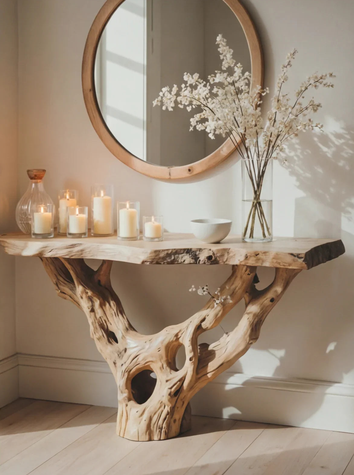 Boomrand sidetable met houten onderstel, kaarsen en vaas bloemen onder ronde spiegel
