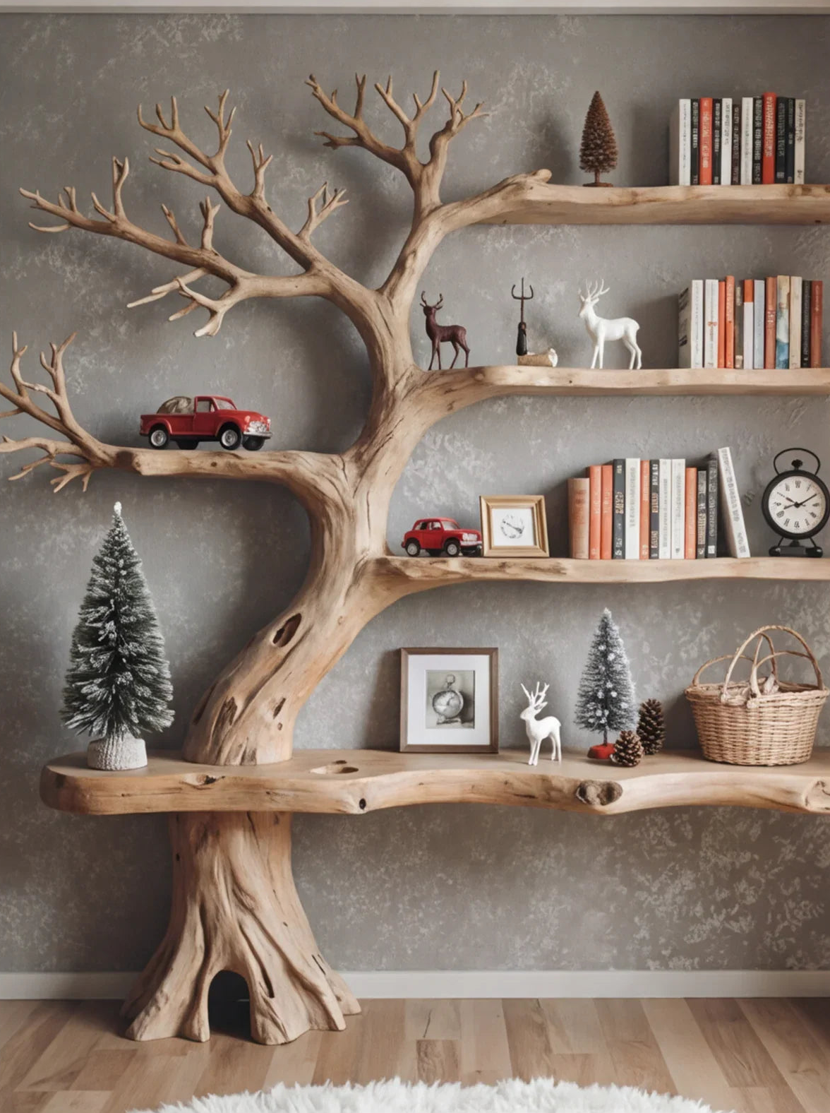 Massief houten boomrek met boeken en decoratieve accessoires