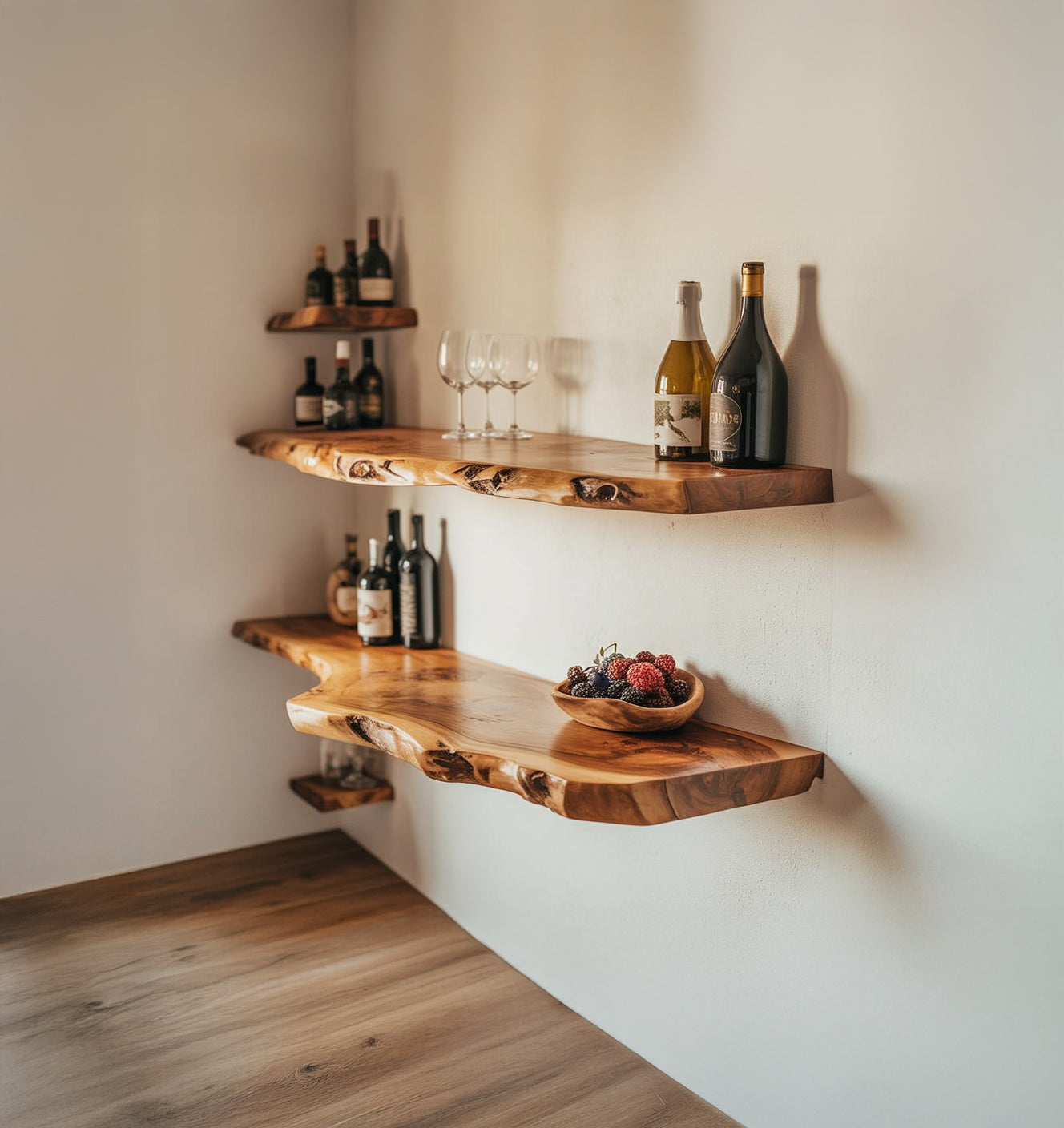 Live Edge Zwevende Hoek Wandplanken – Houten Woondecoratie