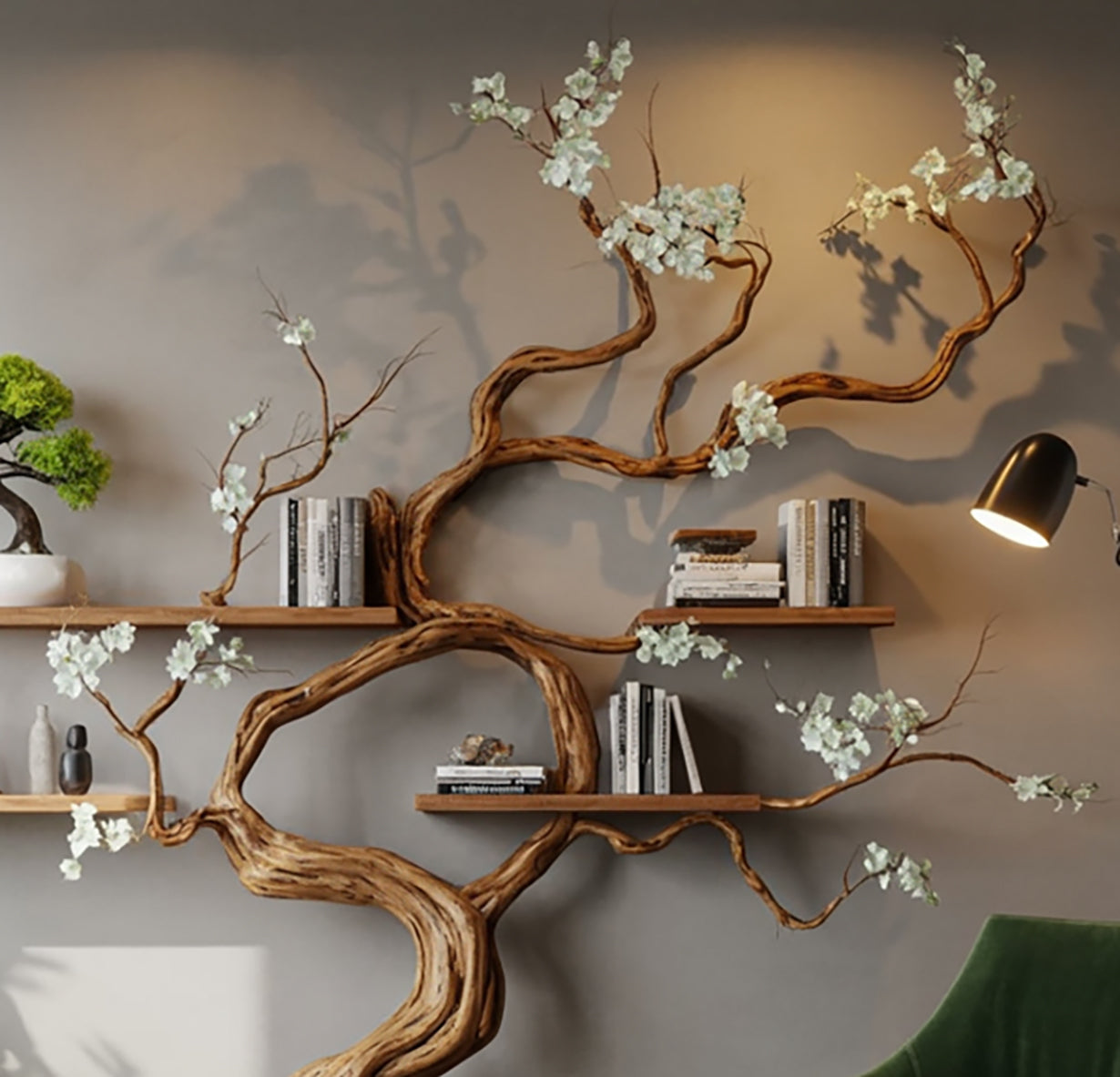 Handgemaakte Boomvormige Wandplank van Massief Hout – Wandkunst