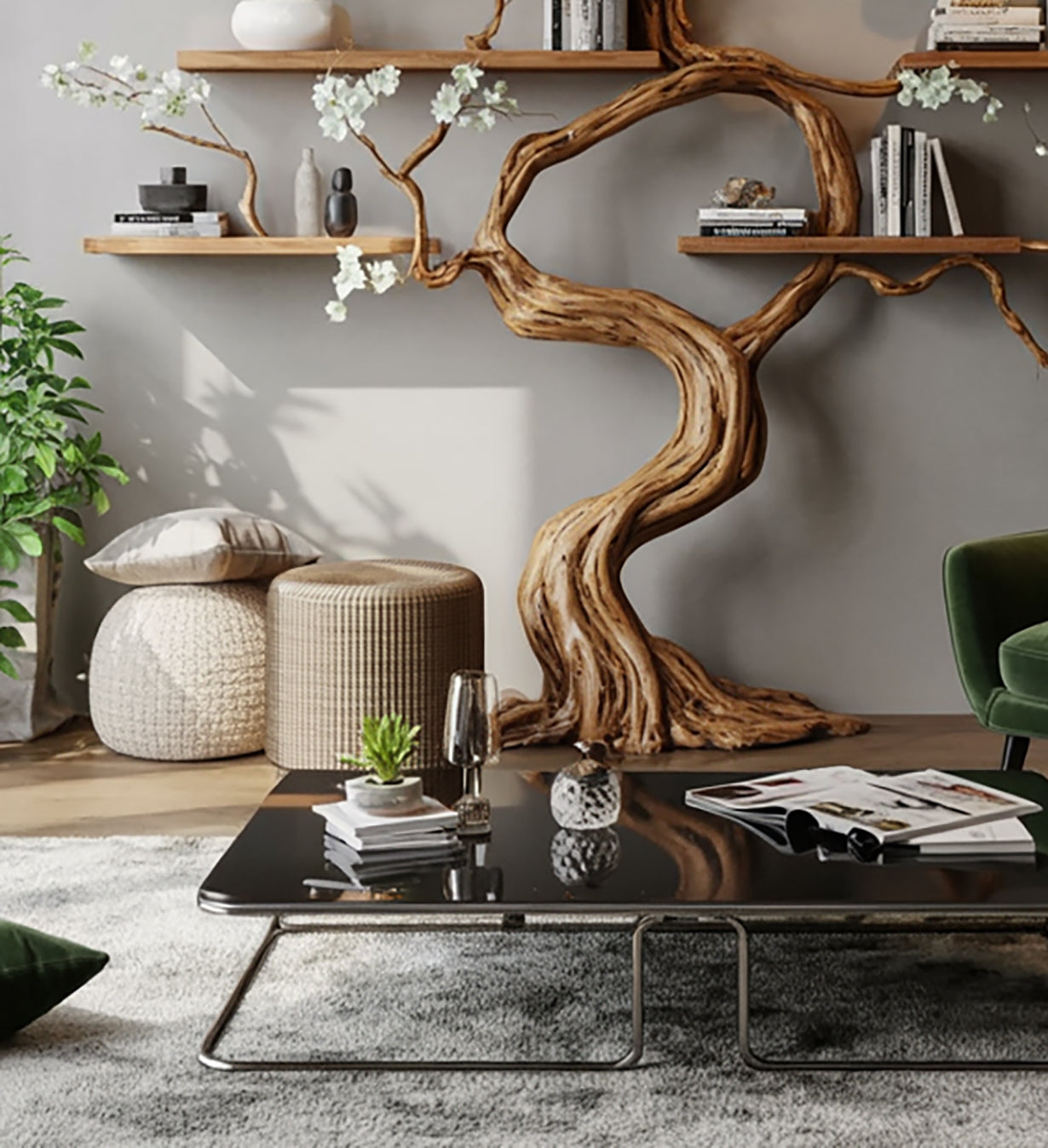 Handgemaakte Boomvormige Wandplank van Massief Hout – Wandkunst