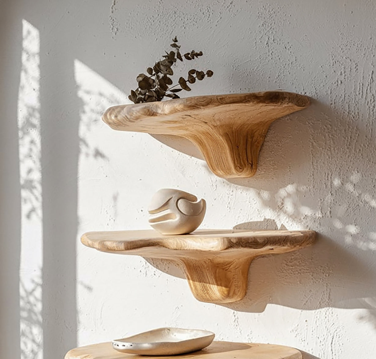Mushroom Floating Shelves van Massief Hout – Wanddecoratie