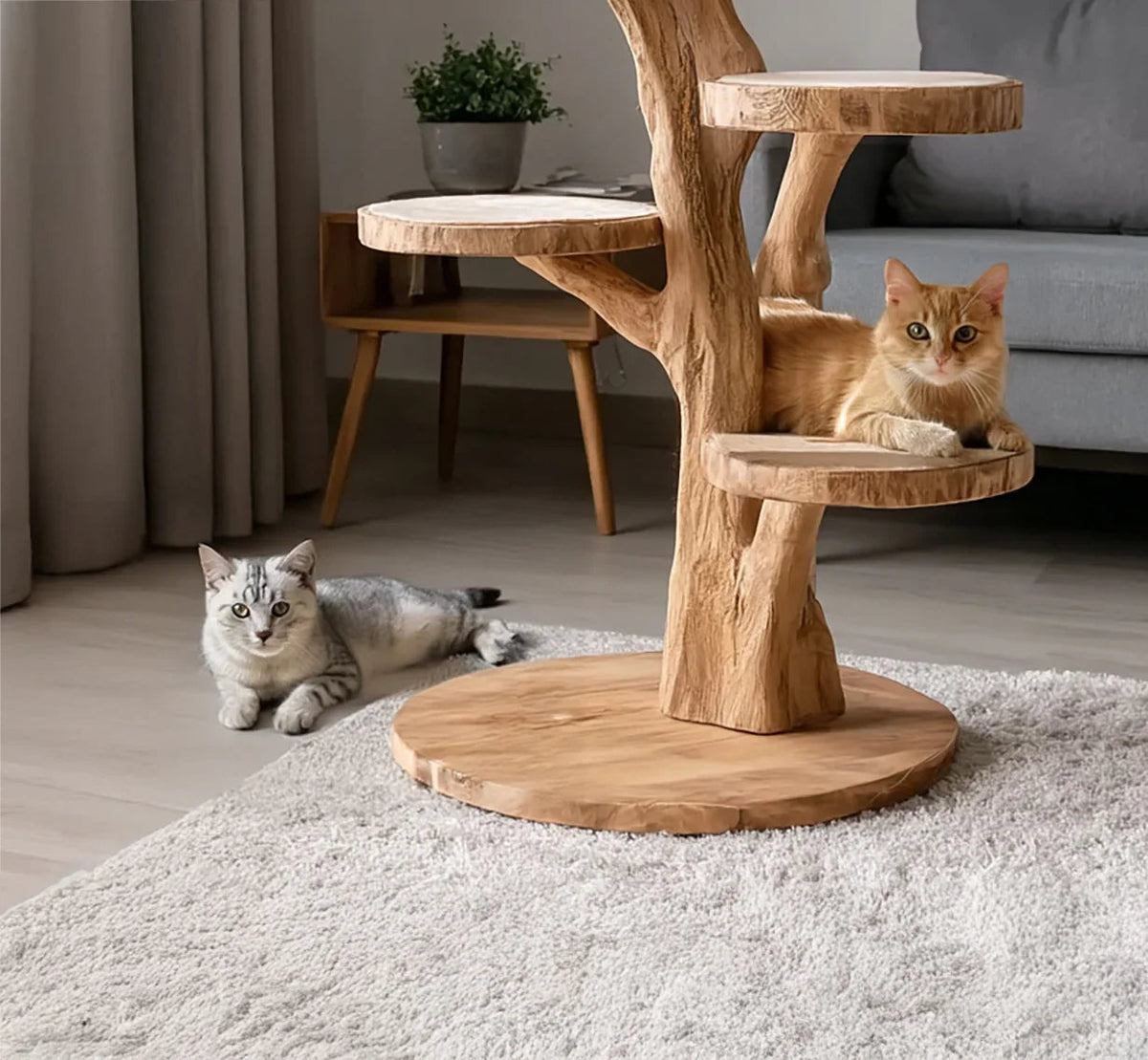Detail van massief houten krabpaal met zichtbare schors- en houtstructuur