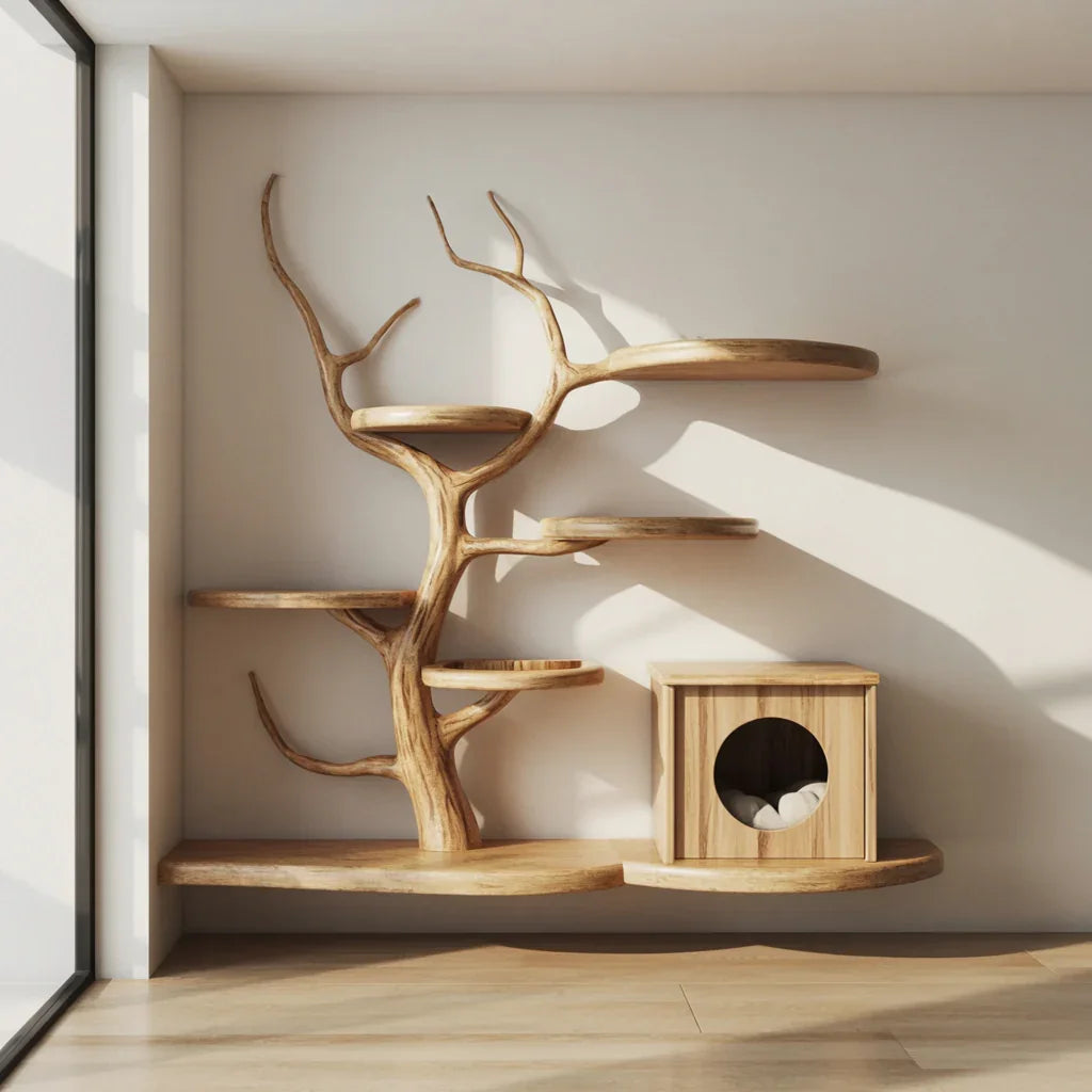 Mid-century houten kattentoren met stijlvol minimalistisch klimdesign