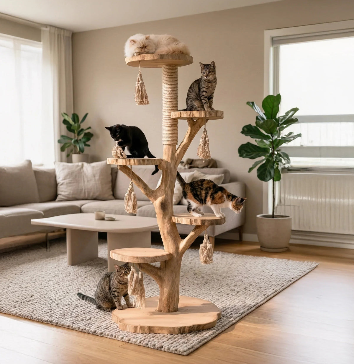 Maattabel en afmetingen van massief houten krabpalen voor diverse kattenrassen
