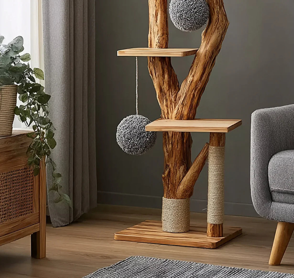 Handgemaakte massief houten kattentoren en klimpaal