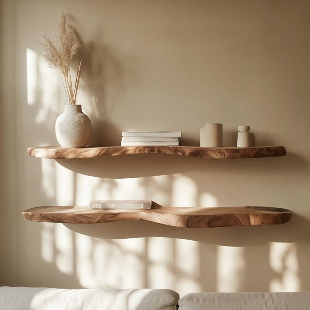Rustic Floating Wall Shelf with Live Edge – Solid Wood for Home Decor