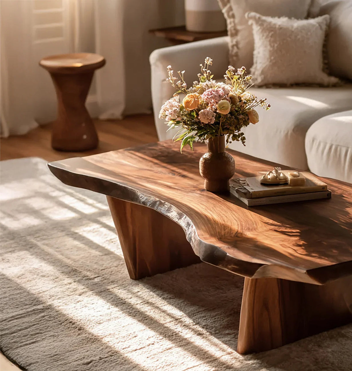 Handgemaakte massief houten salontafel in woonkamer met detail van houtnerven