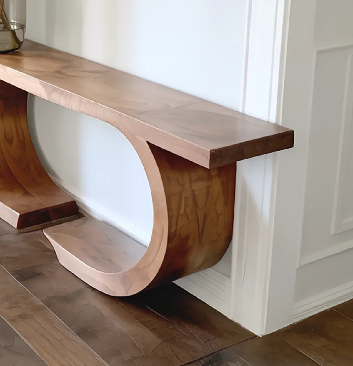 Organic wood entryway table with live edge top and unique shape