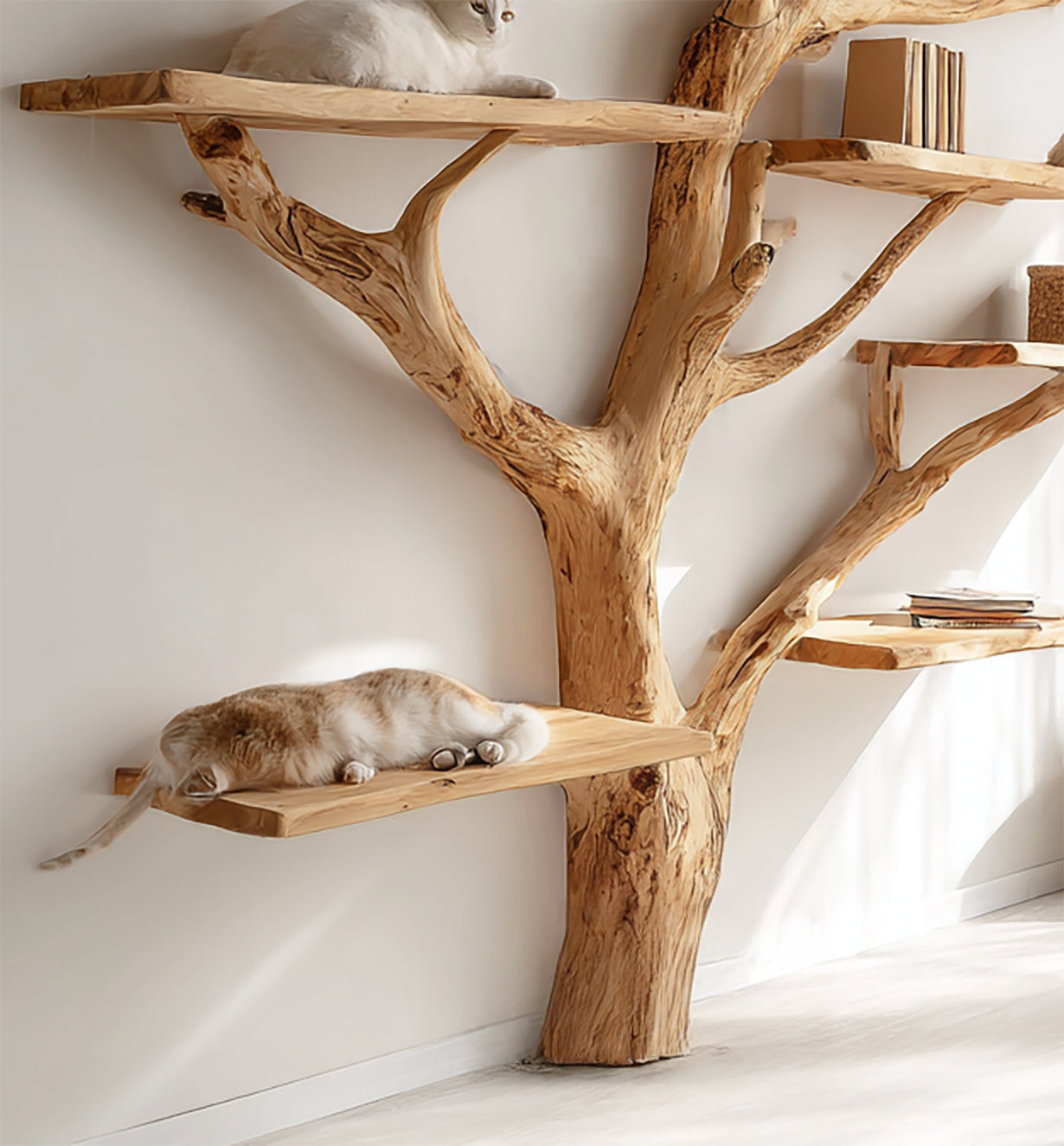 Handmade Wooden Cat Tree Bookshelf – Natural Solid Wood Multi-Level Shelves