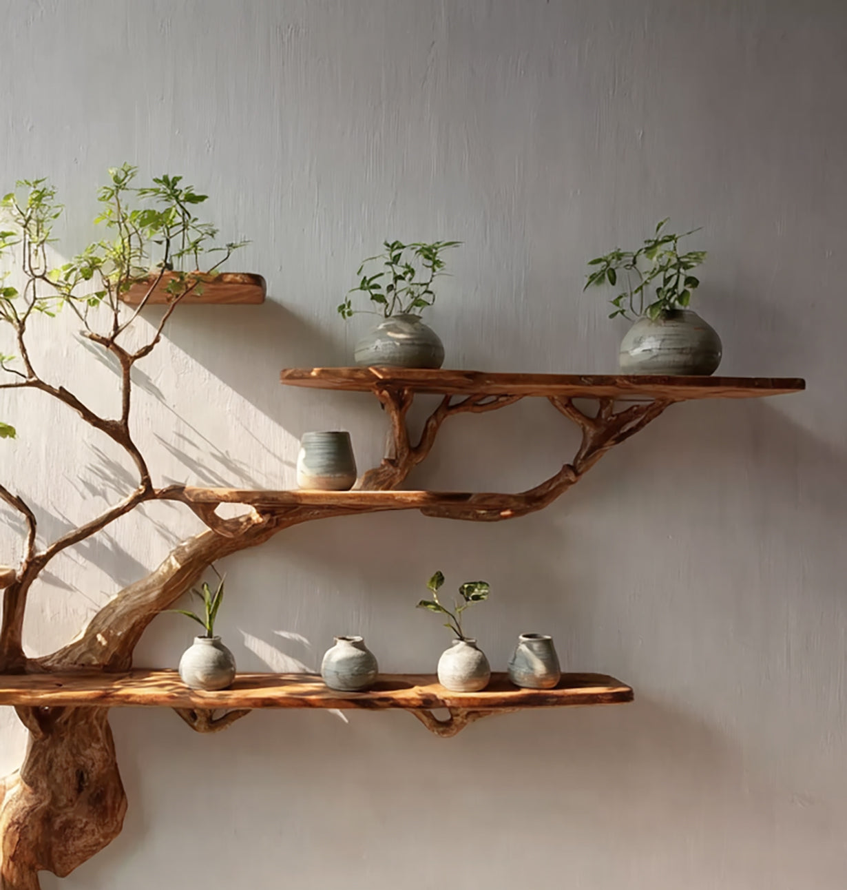 Driftwood Floating Bookshelf – Rustic Tree Branch Wall-Mounted Bookcase