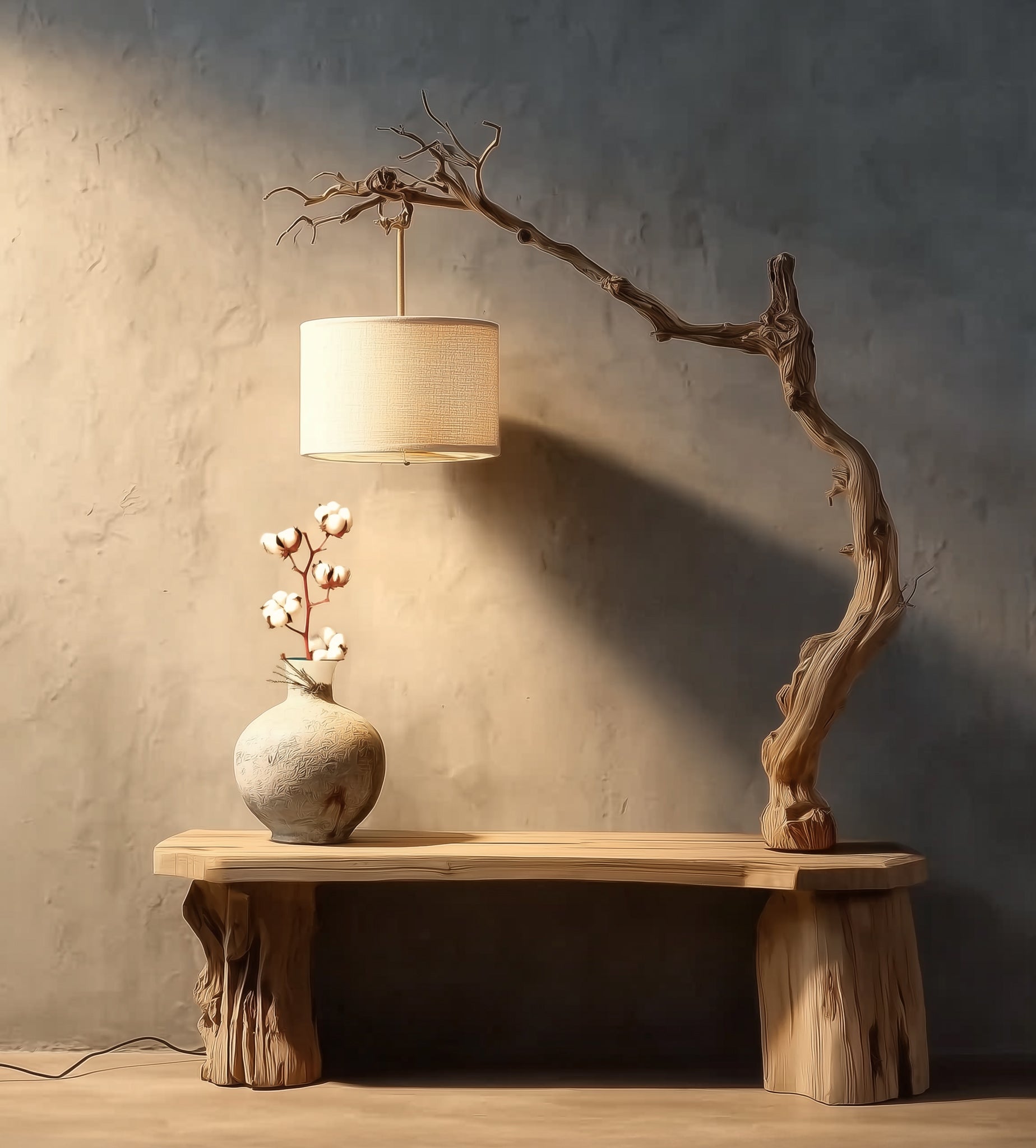 Rustic Driftwood Lamp – Handmade Tree Branch Floor Lighting with Fabric Shade, Unique Natural Wood Home