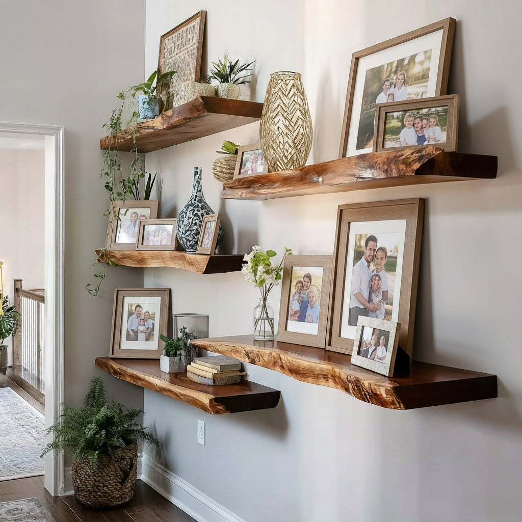 Handcrafted Live Edge Floating Shelves – Carved Wavy Wood Wall Art