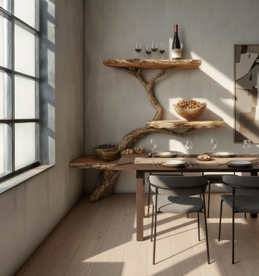 Rustic Driftwood Tree Branch Floating Shelf – Handcrafted Solid Wood Wall Shelf