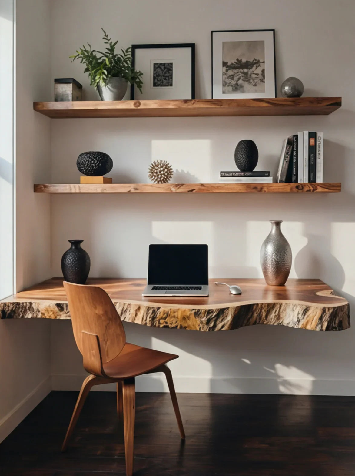 Compleet wandwerkstation met zwevend houten bureau en wandrekken in werkkamer