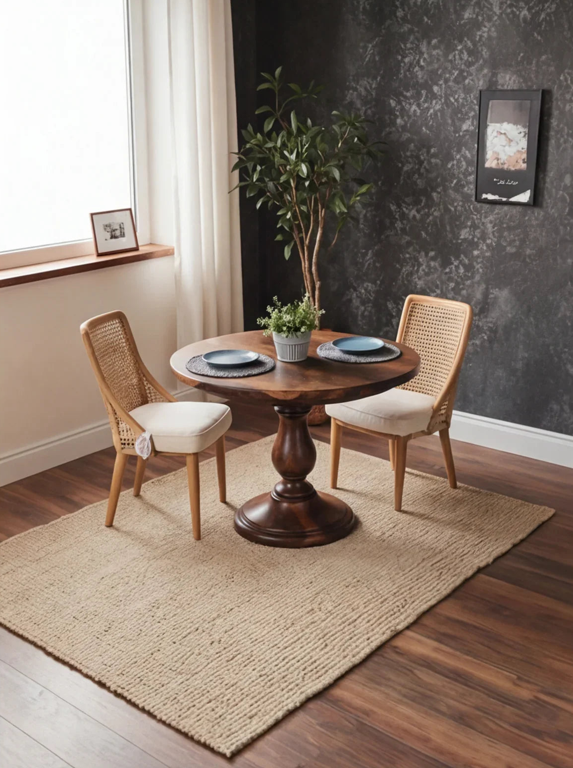 Ronde eettafel met zuilvoet en rotan stoelen op een jute vloerkleed