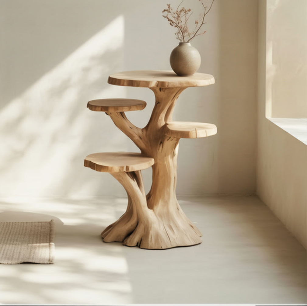 Tree-Trunk Wooden End Table – Multi-Tier Display Stand