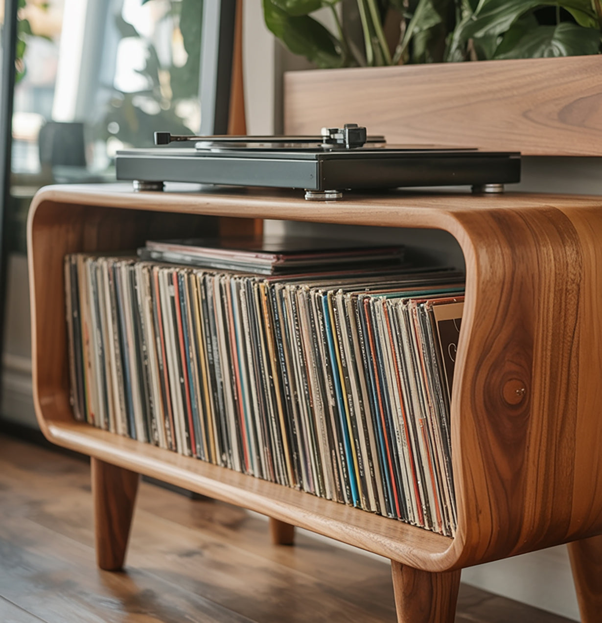 Massief Houten Platenspeler Meubel – Mid-Century Moderne Console