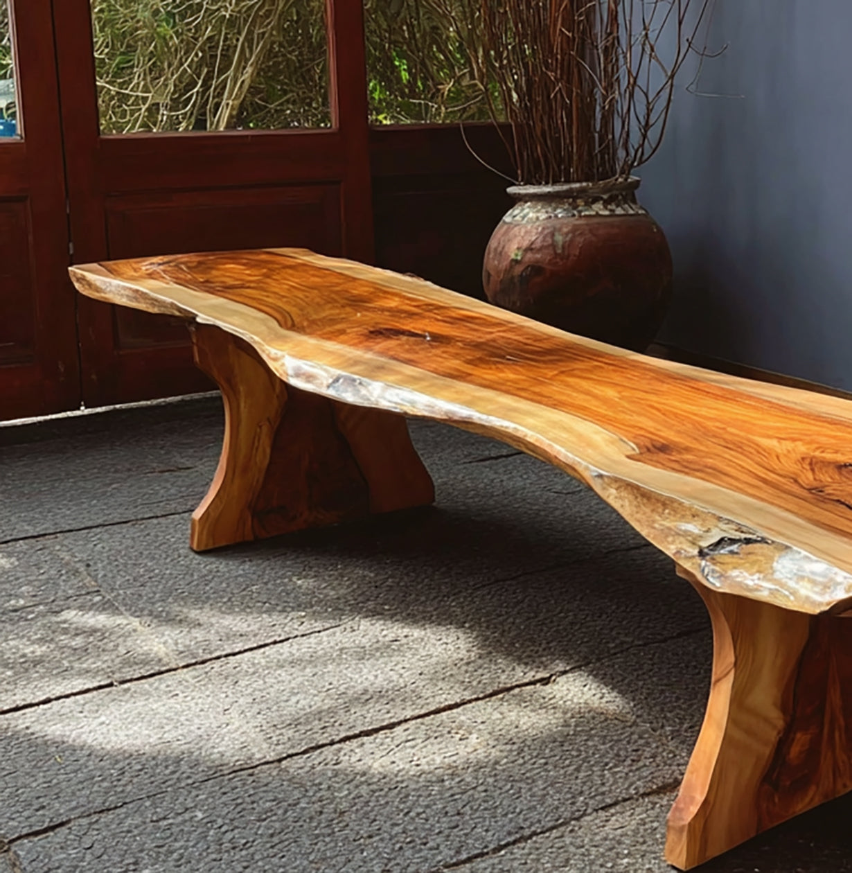 Handcrafted Modern Wooden Bench– Sculptural Live Edge Design for Indoor or Outdoor Spaces