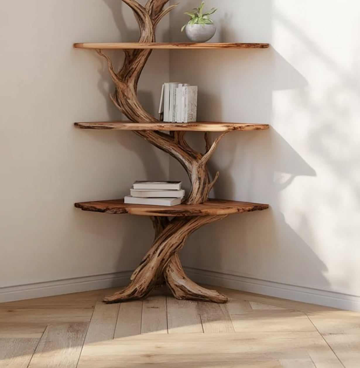 Boomvormige Hoek Wandplanken van Massief Hout – Driftwood Decor