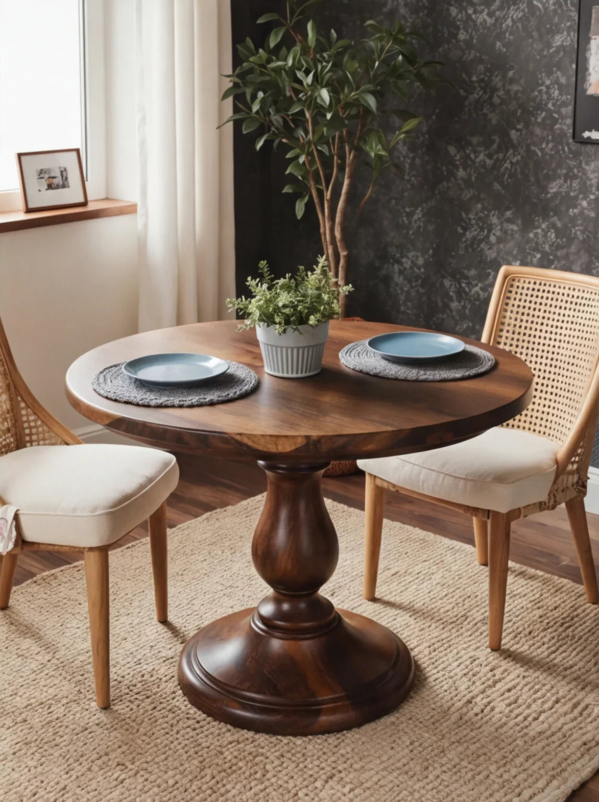 Massief houten ronde dinertafel met centrale poot en kamerplant