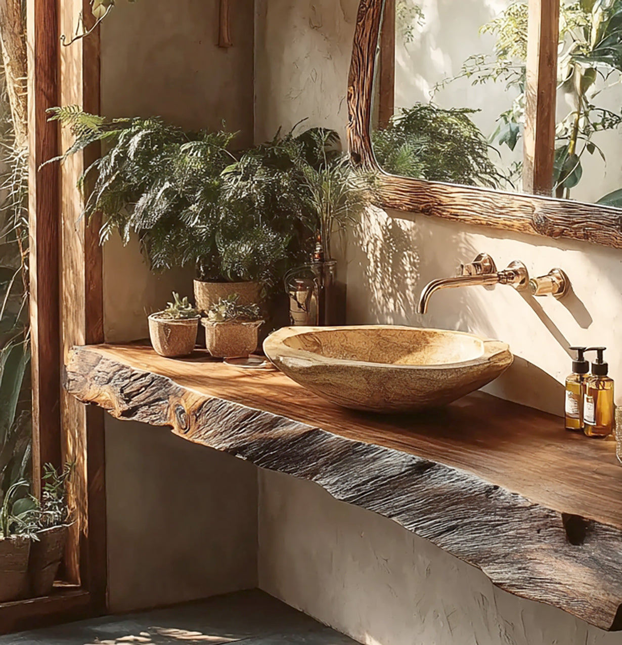 Custom Live Edge Wood Bathroom Vanity – Rustic Solid Wood Sink Shelf