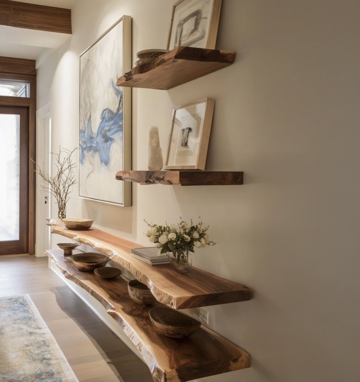 Handcrafted Live Edge Floating Shelf – Carved Wall-Mounted Wood Art