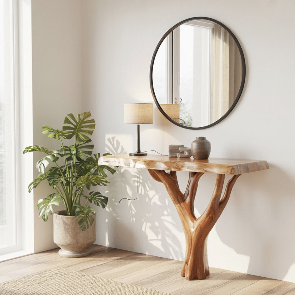 Handcrafted Solid Wood Live Edge Console Table with Natural Tree Base – Rustic Modern Accent