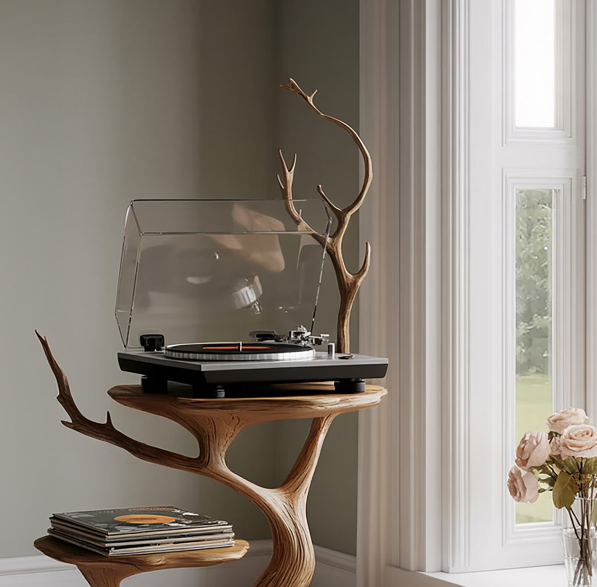 Handcrafted Solid Wood Record Player Stand – Sculptural Vinyl Turntable Table