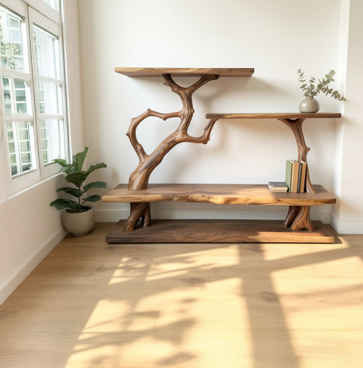 Narrow Rustic Console Table with Shelves – Live Edge Reclaimed Wood Entryway Table