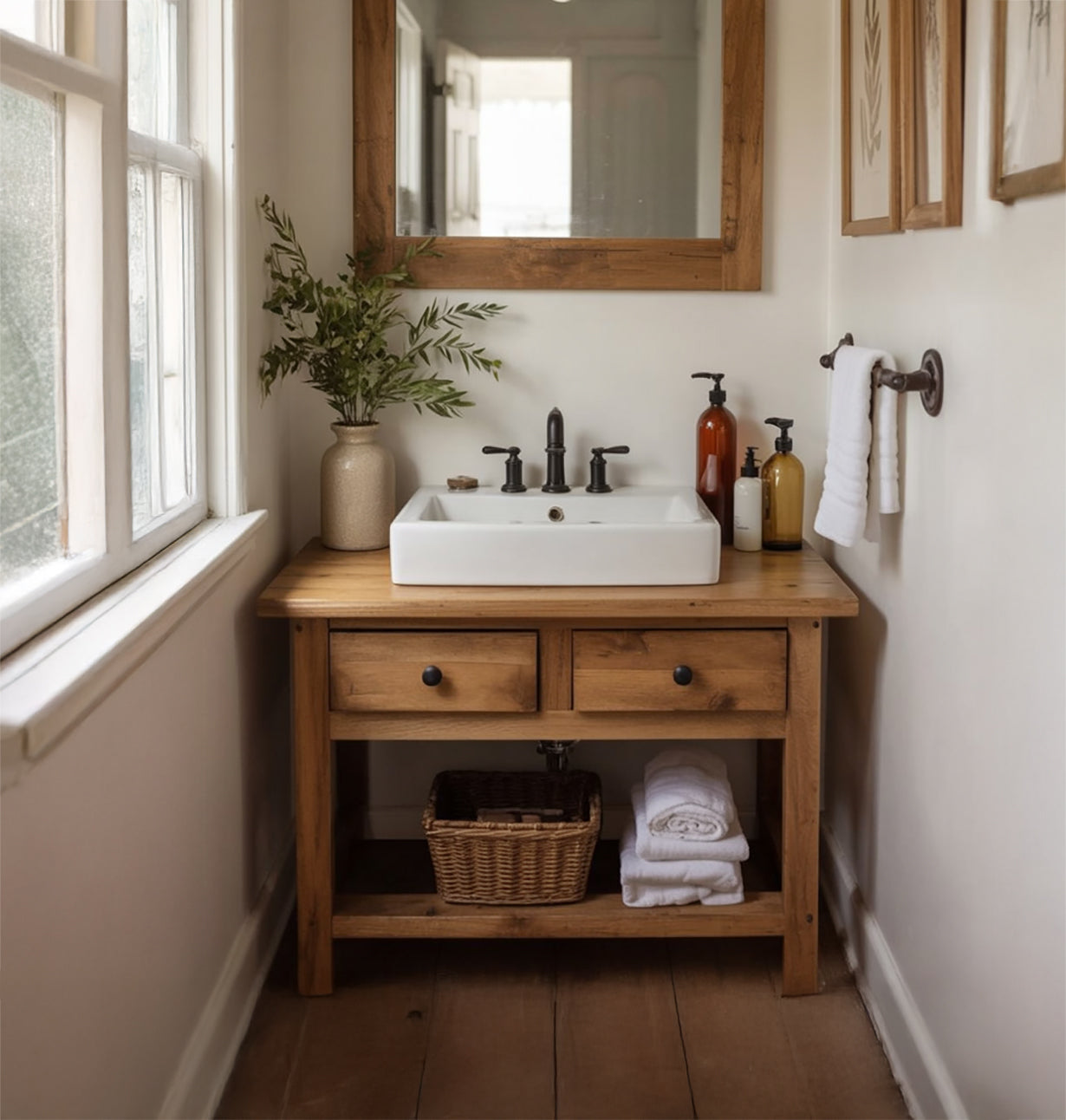 Rustic Solid Wood Bathroom Vanity with Storage Shelf & Drawers
