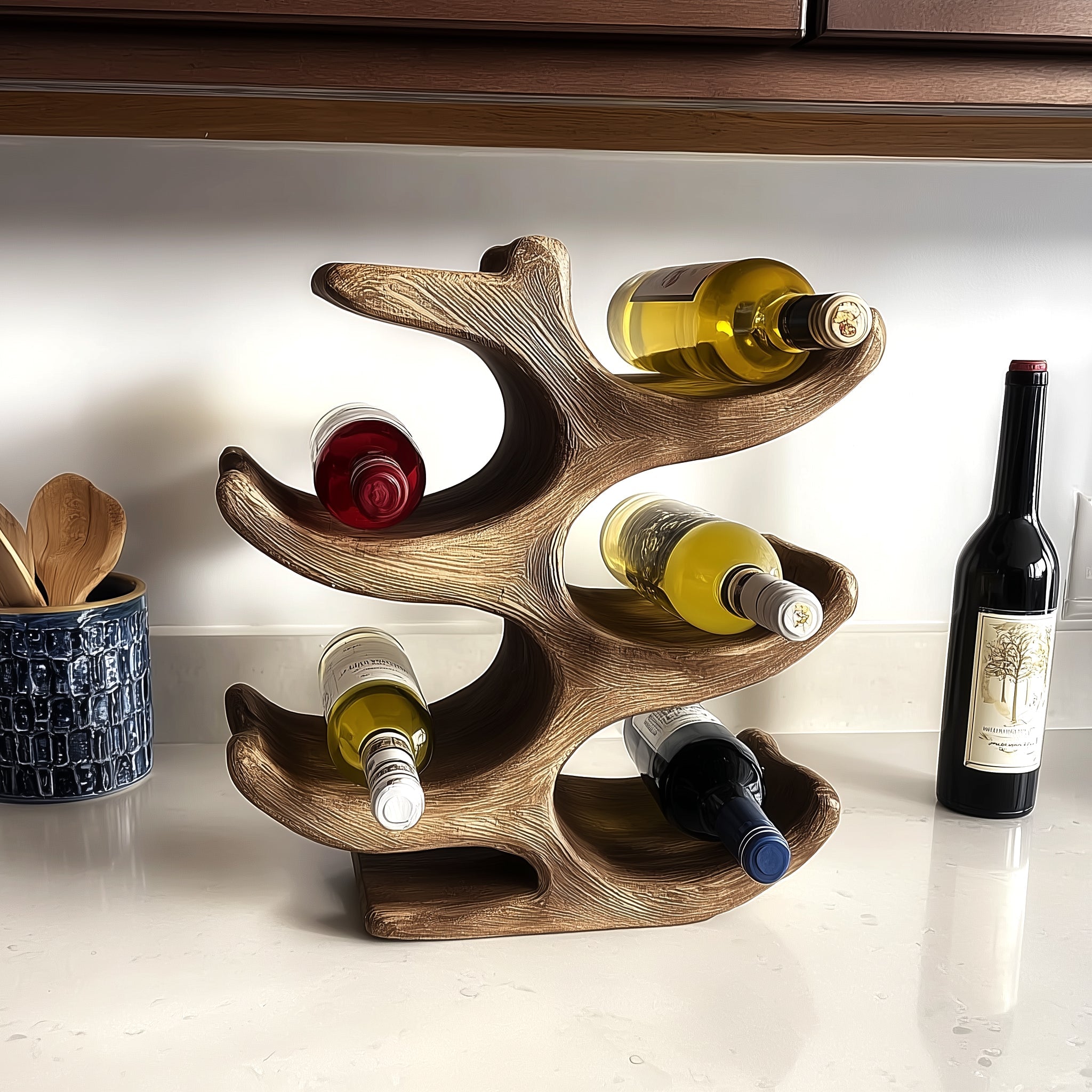 Tree Trunk Wine Rack – Handmade Solid Wood Wine Shelf with Glass Holder for Home Decor