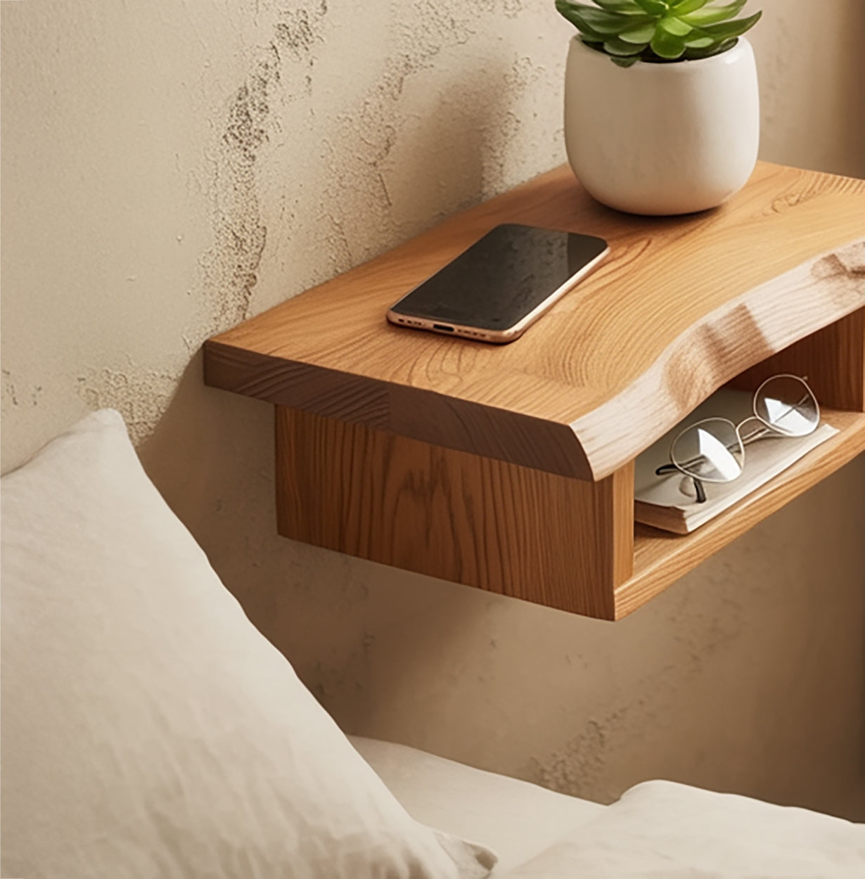 Handgemaakte Massief Houten Nachtkastje met Open Plank