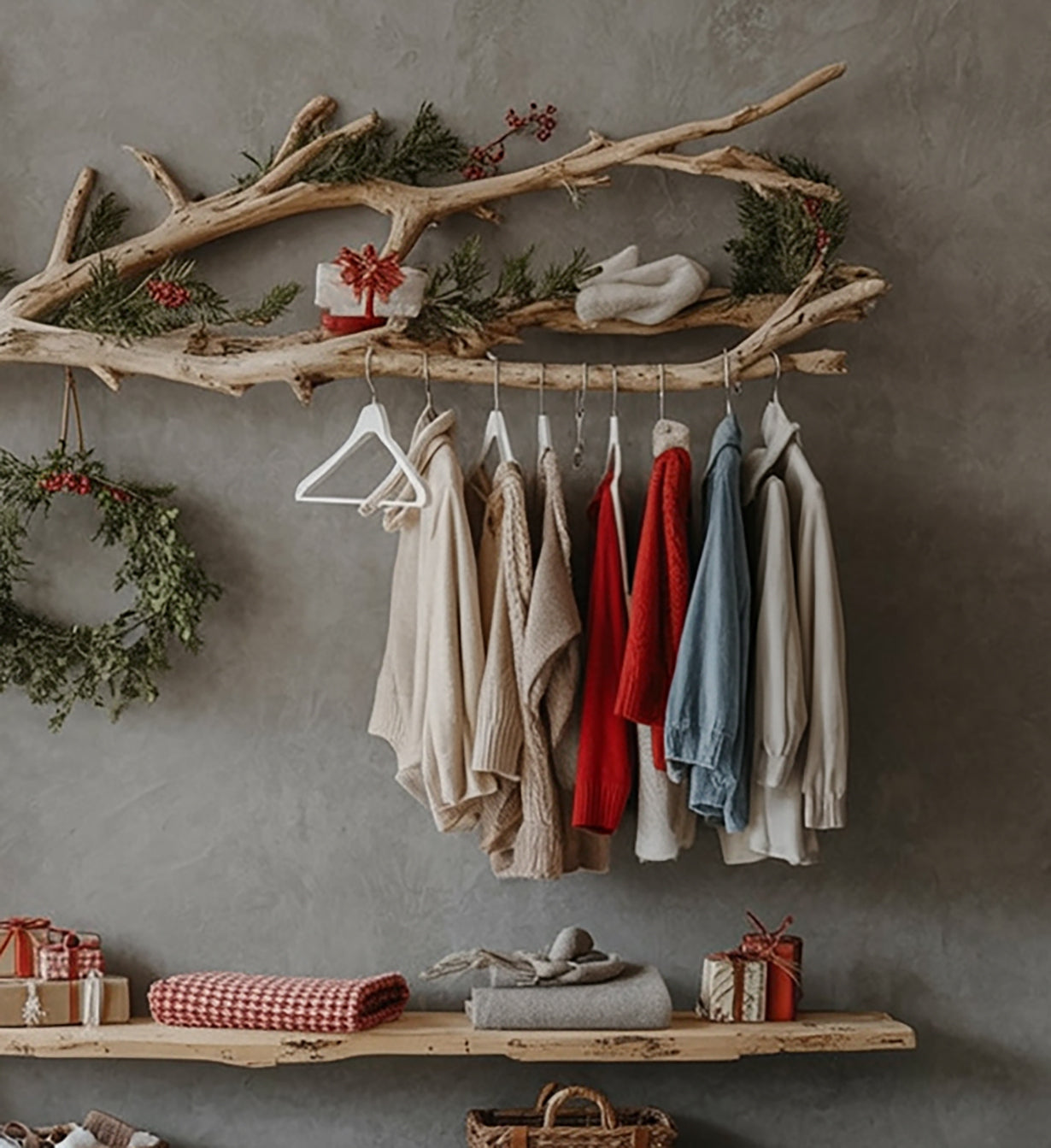 Wall Mounted Driftwood Coat Rack – Tree Branch Rack with Shelf & Shoe Storage